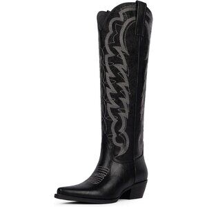 Women Black Embroidered Fabric Cowboy Pull on Western Knee High Boots